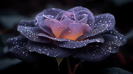Poster A single  perfect tear of pearlescent lavender glistening on a velvety black rose petal. © Riffat