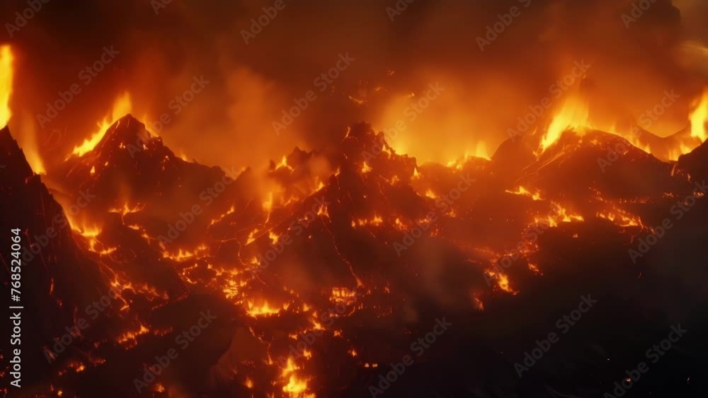 Poster a sweeping view of a mountain range engulfed in flames appearing as though its burning from within.