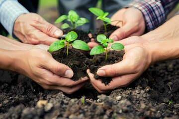 Hands holding green seedling growing in soil. Environment conservation concept. Ai generated
