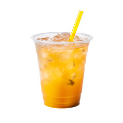 A delicious iced mango drink in a takeaway plastic cup with a yellow straw on an isolated background
