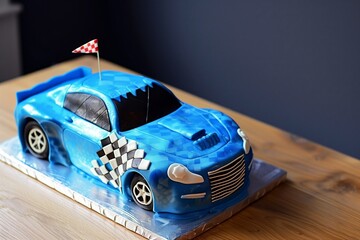 blue racing car cake with checkered flag pattern along the side