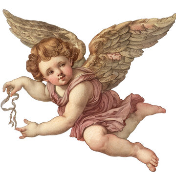 vintage romantic illustration of a cherub or cupid isolated on a transparent background