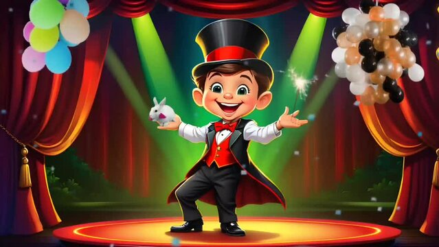 Boy magician performance on stage. Seamless looping time-lapse 4k video animation background