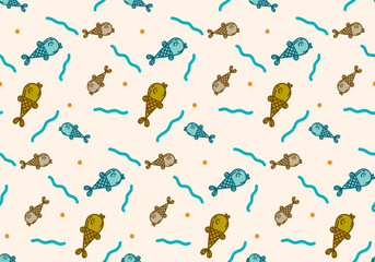 Hand drawn seamless pattern with fishes. Background with doodle fish. Vector illustration
