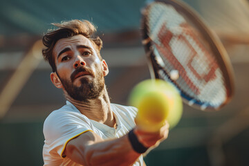 Tennis player hitting ball with racket during match. Focus and determination concept. Intense play under sunlight, Ball in the air, racket reaching out, powerful sport moment with copy space - obrazy, fototapety, plakaty