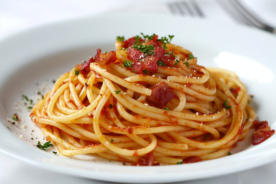 Spaghetti, photo of spaghetti with bacon on white plate with fork
Picture of spaghetti with red sauce and cheese