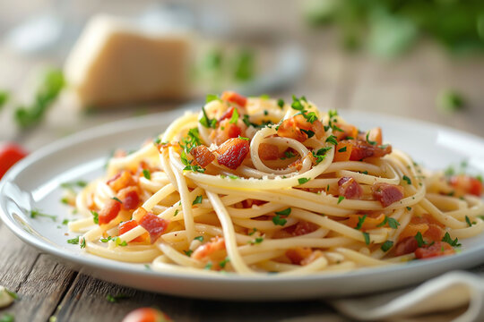 Spaghetti, photo of spaghetti with bacon on white plate with fork
Picture of spaghetti with red sauce and cheese