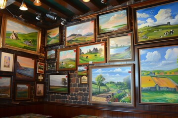 paintings of irish landscapes on the pub walls