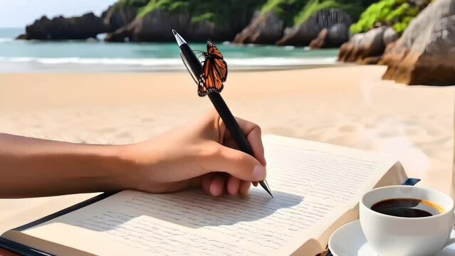 Person writing on the beach with coffee