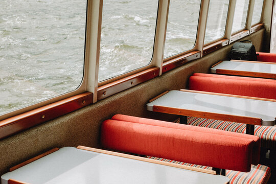 Fototapeta Inside tourism Milford Sound boat with tables and windows to view