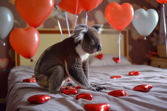 indoor shot: koala on a bed, surrounded by heartshaped balloons