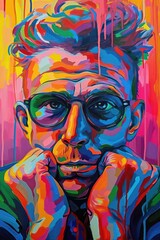 The comic colourful picture of the short hair male adult human head and has been wearing sunglasses with straight face yet picture fill with various colour that make picture fill with emotion. AIGX01.
