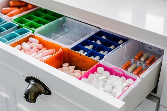 colorcoded pill organizers in a white drawer