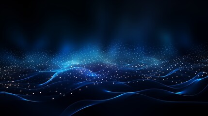 Abstract Blue Neon Waves with Glowing Particles on a Dark Background.