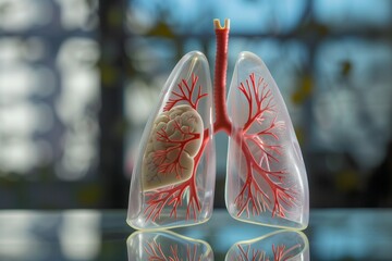 lung model with visible bronchi on a reflective glass surface - obrazy, fototapety, plakaty