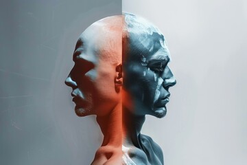 Dualism of Self: An image of a person split into two halves, one showing the emotional, intuitive side, and the other the rational and logical. - obrazy, fototapety, plakaty
