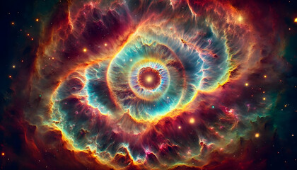 The Helix Nebula has been illustrated again, capturing its stunning resemblance to an eye amidst the cosmos. This version also emphasizes the nebula's vibrant colors