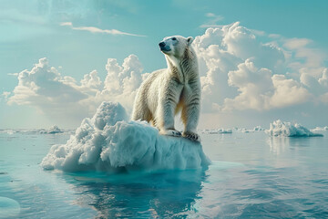 Polar bear on melting ice floe - obrazy, fototapety, plakaty