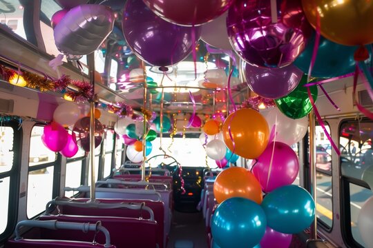 party bus interior with balloons, streamers, and revelers