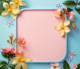 Tropical Tranquility - Exotic Blossoms and Soft Pink Frame on Aqua