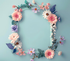 Pastel Petal Portal - Floral Archway Frame on Serene Sky Blue