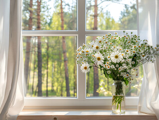 White window in a rustic wooden house overlooking the pine forest. Bouquet of white daisies in a vase on the windowsill