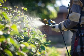 professional spraying garden plants with insecticide