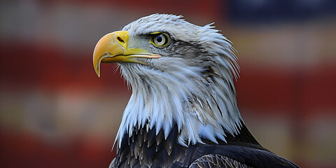 a beautiful bald eagle with a background of a usa flag. generative ai 