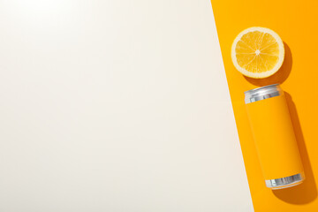 Tin can and orange on orange and white background, space for text