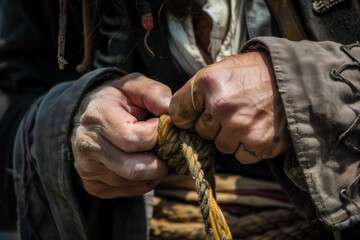 closeup of a pirate tying a ships knot
