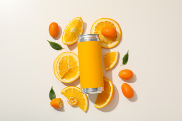 Tin can and oranges on white background, top view
