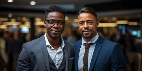 Two african american businessman. Employees standing in modern office. Smiling male office workers looking at camera in workplace meeting area. - Powered by Adobe