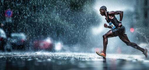 Sporty man athlete sprints with full intensity in the rain, showcasing the concept of perseverance, endurance, and competitive spirit in sports
