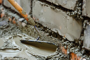 closeup of a trowel spreading cement on brickwork - obrazy, fototapety, plakaty