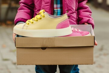child holding box with pink and yellow kids sneakers