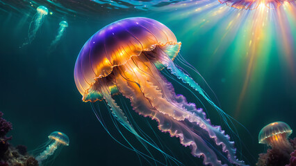 jellyfish with iridiscent glow sun rays piercing through the sea water - obrazy, fototapety, plakaty