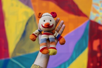 sock puppet on a hand against a multicolored backdrop