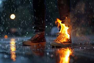 person standing in the rain with one shoe on fire