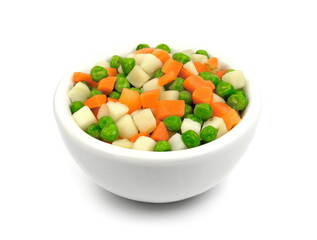 Raw frozen vegetables for Russian salad isolated on white