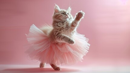 A cat in a ballet tutu against a split pale pink and soft lavender background, capturing the grace and beauty of dance. - obrazy, fototapety, plakaty