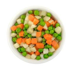 Raw frozen vegetables for Russian salad isolated on white