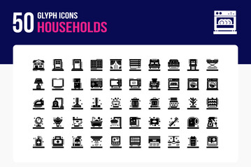 Set of 50 Households icons related to front door, back door, curtains, bed  Glyph Icon collection