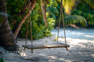 A wooden swing hanging from a palm tree over soft white beach sand.
