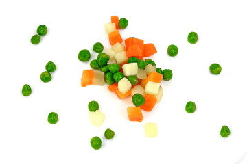 Raw frozen vegetables for Russian salad isolated on white