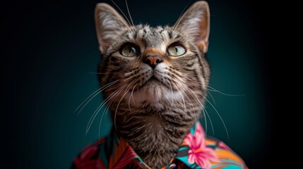 A cat in a Hawaiian shirt against a split tropical blue and flamingo pink background, embodying the fun spirit of a vacation.