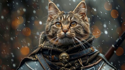 A cat in a medieval knight's armor against a split stone grey and forest green background, evoking tales of valor and chivalry.