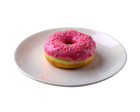 Pink donut with sprinkle on white plate. isolated on transparent background.