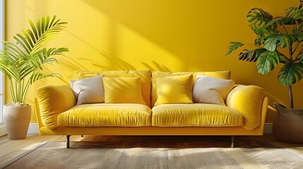 Cheerful Yellow Sofa Inviting Modern Scandinavian Living Room Design