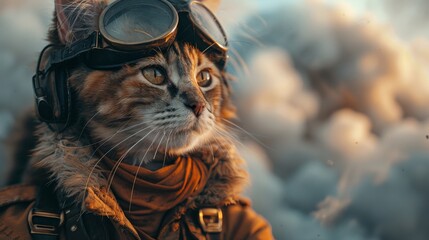 A cat in a pilot's uniform against a split sky blue and cloud white background, ready for takeoff...