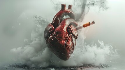 Choose Health, Not Tobacco A Human Heart Surrounded by Smoke and a Single Cigarette Symbolizing the Devastating Impact of Smoking on Heart Health - Powered by Adobe